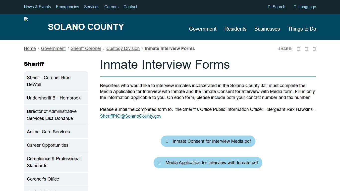 Inmate Interview Forms Solano County, California